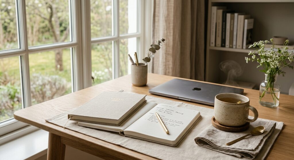A high-quality, professional editorial photograph of a minimalist, organized workspace with a high-e