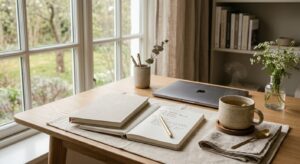 A high-quality, professional editorial photograph of a minimalist, organized workspace with a high-e