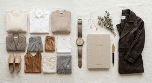 A chic, minimalist editorial flat lay featuring a capsule wardrobe of neutral-toned clothing, a vint