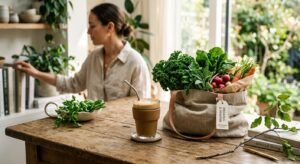 A high-end editorial lifestyle photograph showing a minimalist, eco-friendly morning routine with a