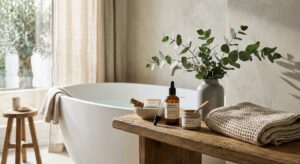 A professional editorial photograph of a minimalist home spa setup featuring organic skincare produc