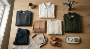 A high-end editorial flat-lay of premium, well-maintained garments neatly folded on a minimalist woo