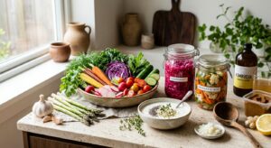 A high-end editorial still life featuring fresh, vibrant gut-healthy ingredients like colorful veget