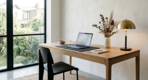 A minimalist, high-end editorial workspace featuring a sleek wooden desk with a laptop, a designer l
