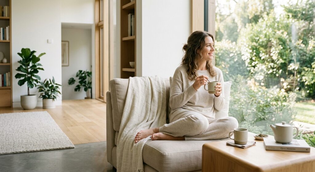 An elegant, professional lifestyle photograph of a woman in minimalist loungewear relaxing in a brig