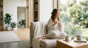 An elegant, professional lifestyle photograph of a woman in minimalist loungewear relaxing in a brig