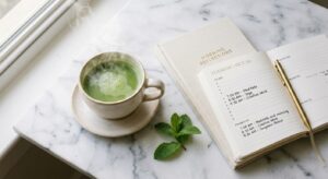 An elegant, editorial-style flat lay featuring a steaming ceramic cup of vibrant green tea next to a