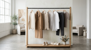 A professional, minimalist editorial shot featuring a clean, curated rack with a few high-quality ne