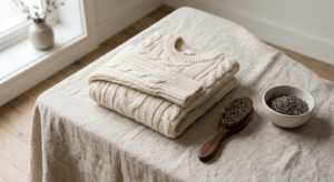 A high-end editorial shot of a soft, cream-colored wool sweater neatly folded on a linen surface, ac