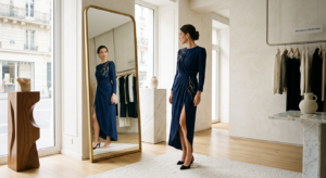 An elegant, high-end editorial shot of a stylish woman trying on a flattering designer dress in a br