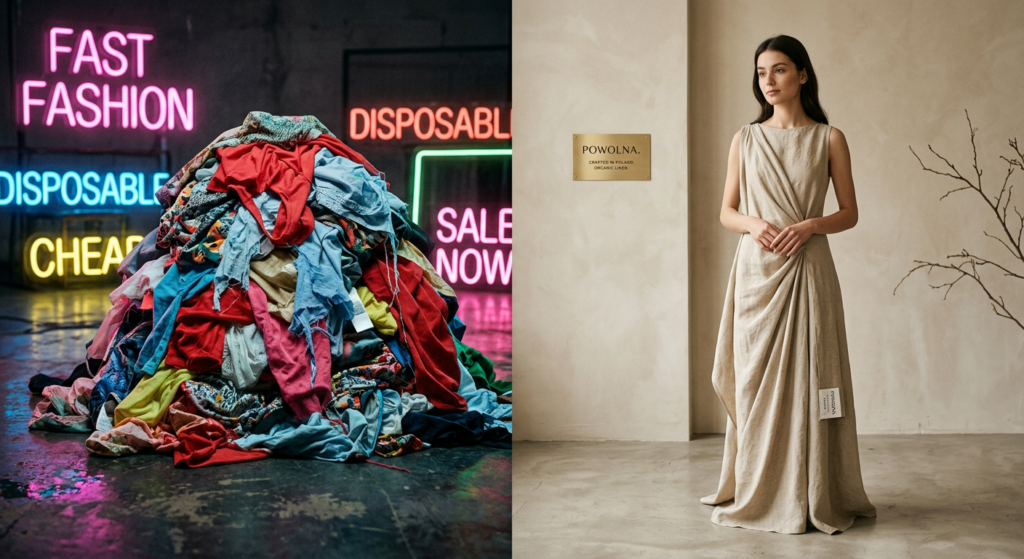 A split-screen editorial composition contrasting a cluttered, neon-lit pile of low-quality garments