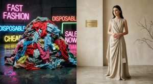 A split-screen editorial composition contrasting a cluttered, neon-lit pile of low-quality garments