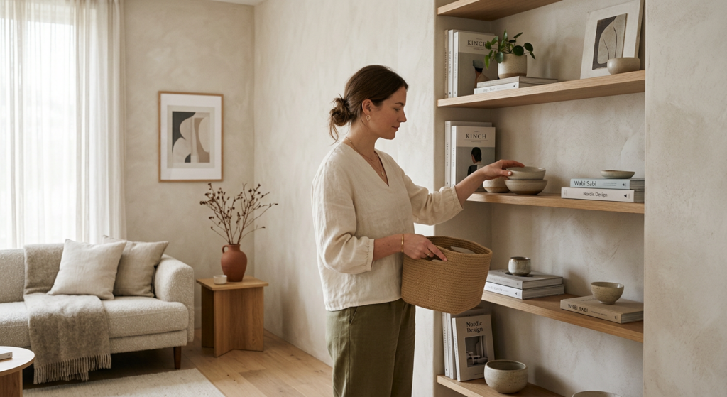A minimalist, editorial-style photograph of a serene, organized living space with a single person pe