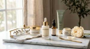 A high-end editorial lifestyle shot of luxurious skincare products arranged aesthetically on a marbl