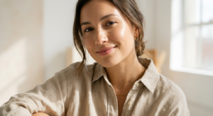 A minimalist, editorial-style close-up of a person with glowing, healthy skin wearing a soft, beige