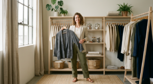 A professional editorial shot of a stylish woman holding a sustainable fabric garment, surrounded by