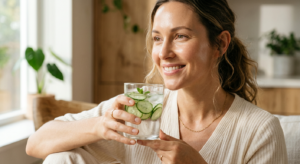 A professional, editorial-style close-up of a glowing woman holding a glass of clear water with floa