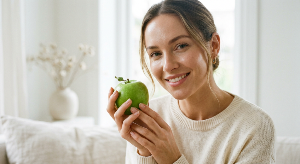 A professional, editorial-style close-up of a person with glowing, clear skin, holding a fresh green