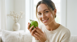 A professional, editorial-style close-up of a person with glowing, clear skin, holding a fresh green