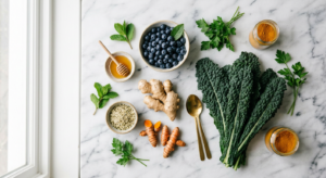 A high-end editorial flat lay of vibrant superfoods like blueberries, ginger, turmeric, and kale arr