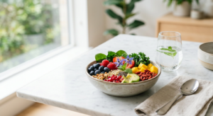 A professional, editorial-style photograph featuring a vibrant, balanced bowl of fresh colorful supe