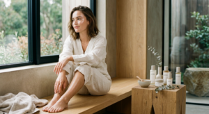 A high-end editorial shot featuring a beautiful woman with glowing, radiant skin, minimalist aesthet