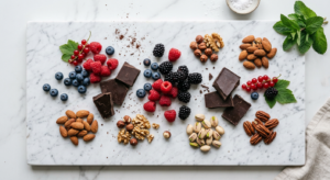 A professional, high-end editorial flat-lay of vibrant fresh berries, dark chocolate pieces, and nut