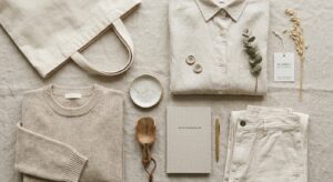 A sophisticated, editorial-style flat lay featuring high-quality organic textures like linen and cot