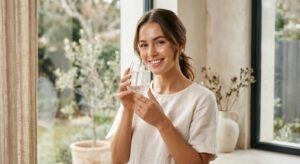 A professional, minimalist editorial composition featuring a glowing woman with radiant skin holding