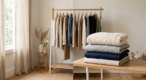 A minimalist, editorial-style photograph of an organized, curated capsule wardrobe with a soft focus