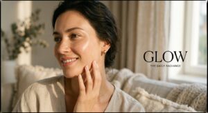 A professional, editorial-style close-up of a woman’s glowing, healthy skin, captured with soft, nat