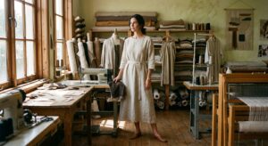A high-end editorial shot of a woman in a minimalist, ethically crafted linen garment, standing in a