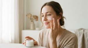A minimalist, professional editorial shot of a woman with a gentle, natural expression applying a so
