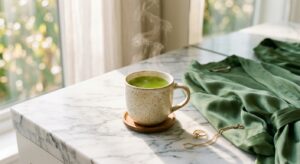 A minimalist, high-end editorial shot of a ceramic mug filled with steaming vibrant green tea next t