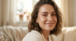 A high-end editorial close-up of a radiant woman with natural, glowing makeup and dewy skin, soft ae