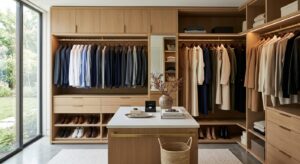 A high-end editorial shot of a minimalist, organized walk-in closet featuring a stylish blend of fem