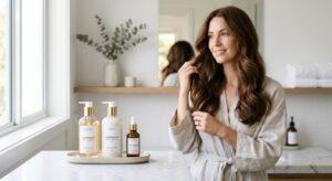 A high-end editorial shot of a woman with healthy-looking hair in a minimalist, light-filled bathroo