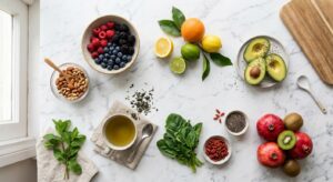 A professional, editorial-style flat lay featuring vibrant fresh superfoods like citrus, berries, nu