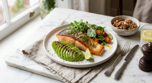 A professional, high-end editorial shot of a beautifully arranged keto-friendly meal featuring fresh