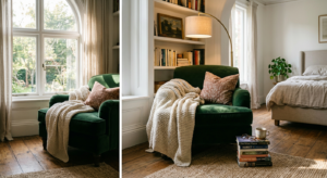 A cozy, aesthetically pleasing reading nook in a sunlit bedroom featuring a plush velvet armchair, a