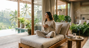 A serene editorial photograph of a stylish woman relaxing in a modern, sun-drenched wellness retreat