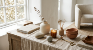 A sophisticated editorial composition featuring minimalist home decor accessories in calming, muted